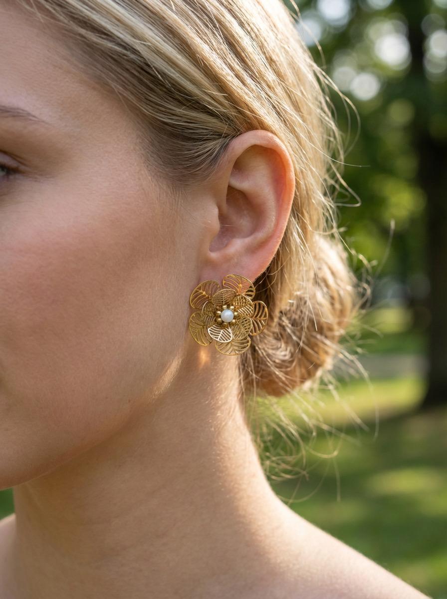 Boucles d'Oreilles Dorées Fleur Ajourée et Perle Blanche Nacrée — Doré
